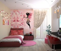 A pink room with a bed, a window and a desk