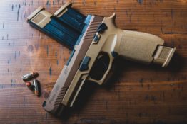 An unloaded pistol - when storing firearms, you should unload and disable them
