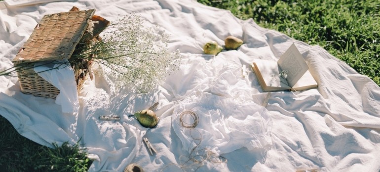 White sheet laid out on grass